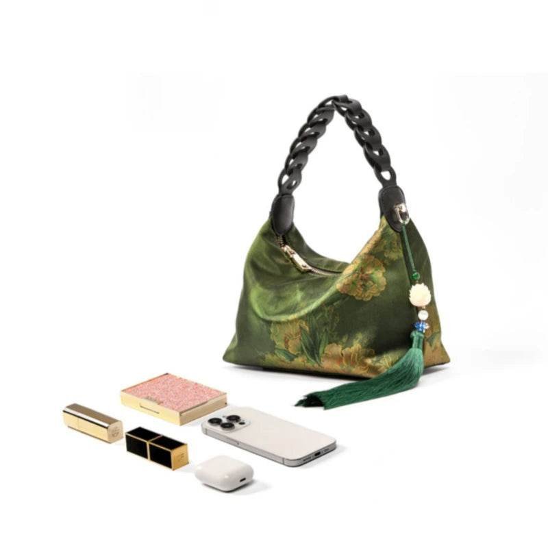 Xiangyunsha Silk Dark Green Mulberry Silk Shoulder Bag - Image 11