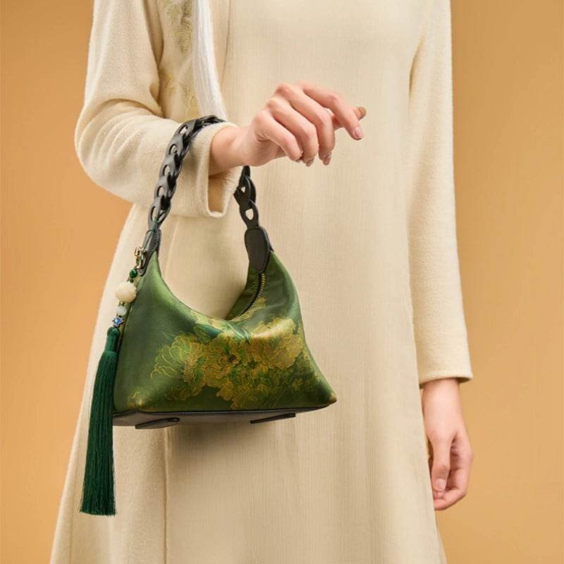 Xiangyunsha Silk Dark Green Mulberry Silk Shoulder Bag - Image 5