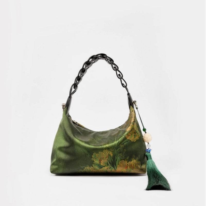 Xiangyunsha Silk Dark Green Mulberry Silk Shoulder Bag - Image 8